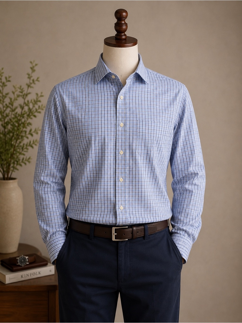 Michael Kors Men’s Blue Check Button Down Dress Shirt XXL 18 Neck